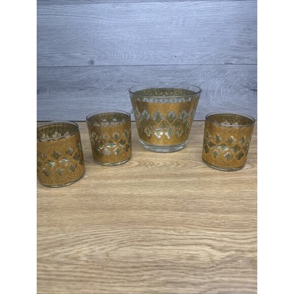 Culver Valencia 22K Gold Green Double Old Fashioned Glasses with Ice Buket~4 Pc - Picture 1 of 13